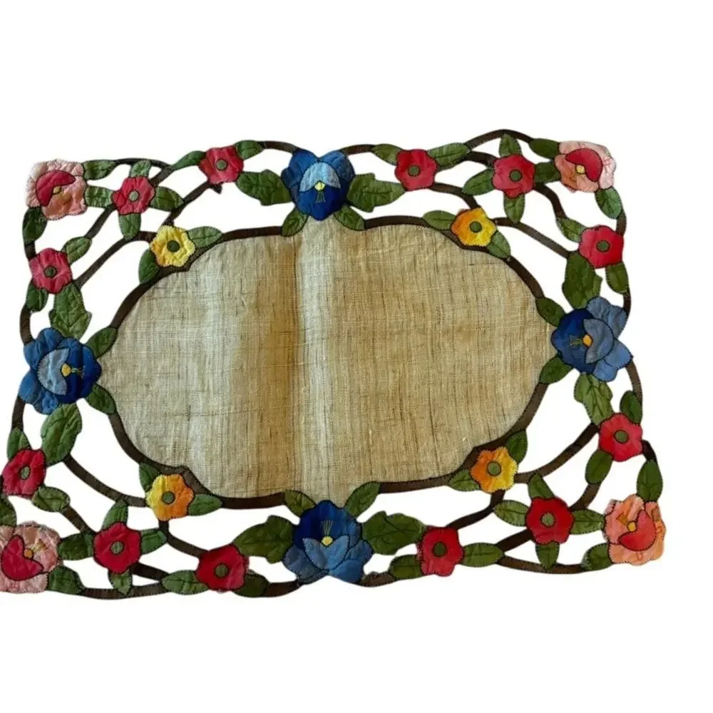 Vintage Floral Applique Linen Placemats Set of 8 Hand Embroidered Cutwork